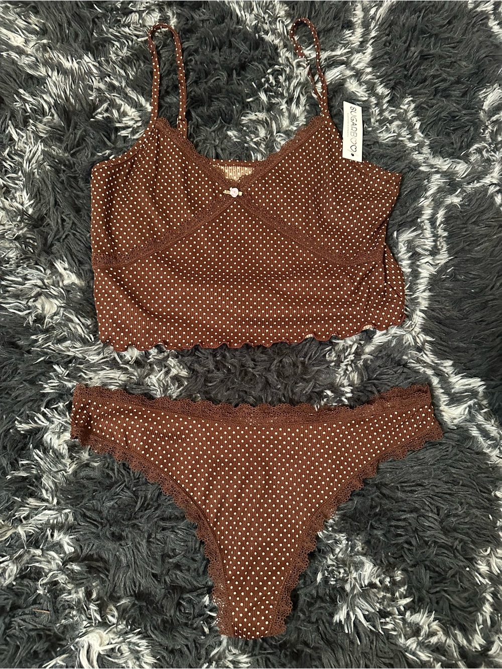 Polka Dot Brown Lace-Trim Cami & Panty Set